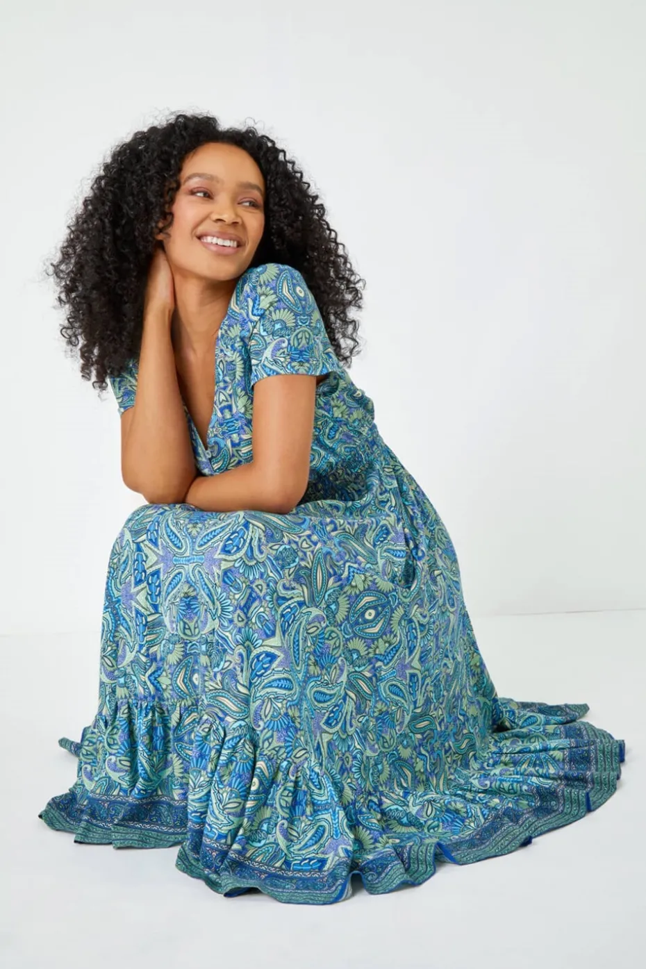 Roman Blue Petite Paisley Print Frill Hem Midi Dress