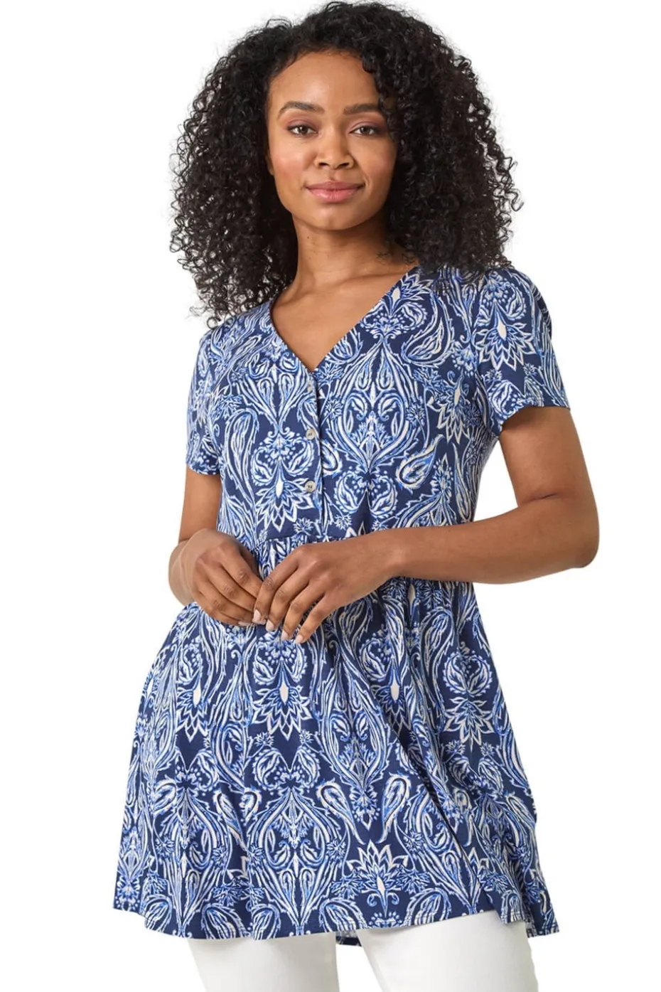 Roman Blue Petite Paisley Mono V-Neck Tunic
