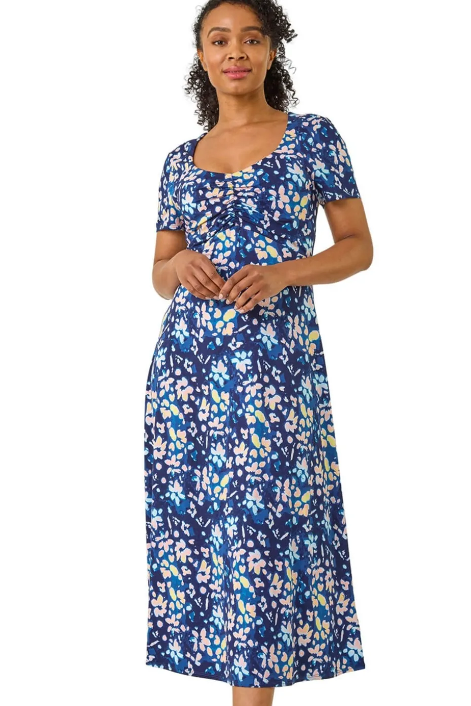 Roman Blue Petite Stretch Floral Ruched Front Dress