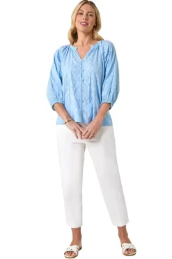 Roman Blue Petite Textured  V-Neck Cotton Blouse