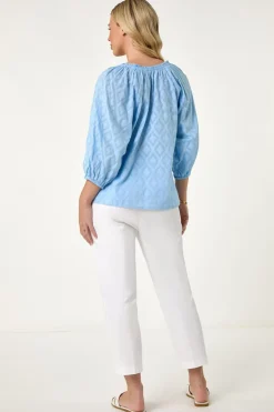 Roman Blue Petite Textured  V-Neck Cotton Blouse