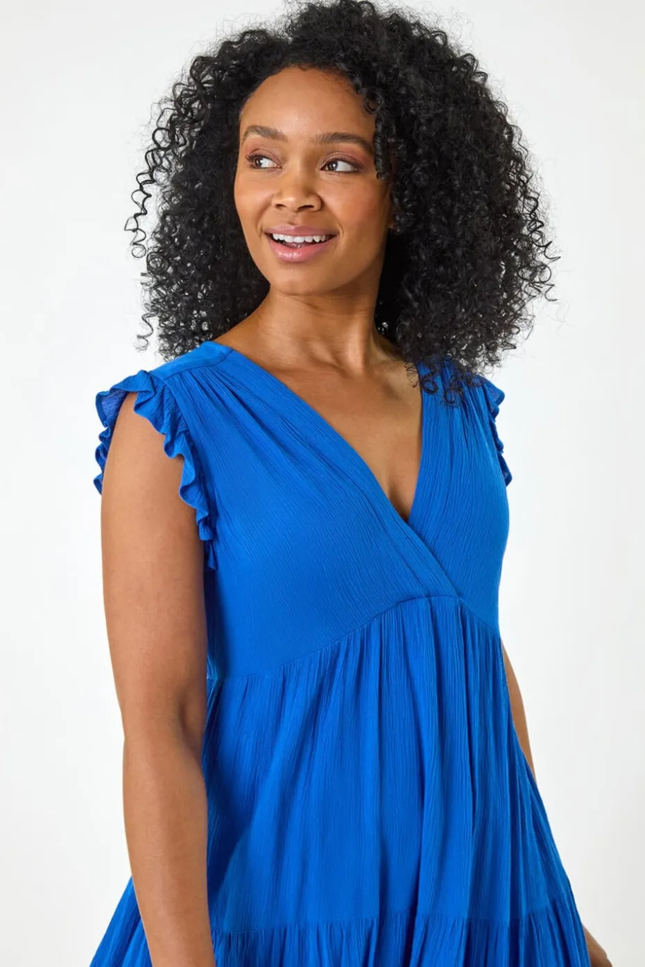 Roman Blue Petite V-Neck Frill Short Dress