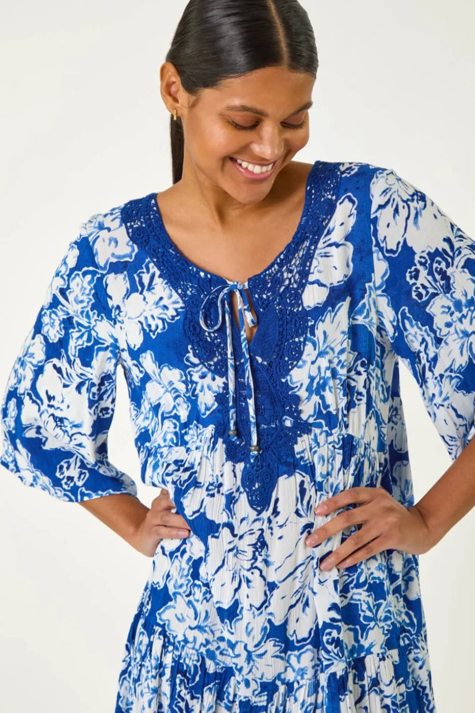 Roman Blue Shadow Floral Lace Smock Dress
