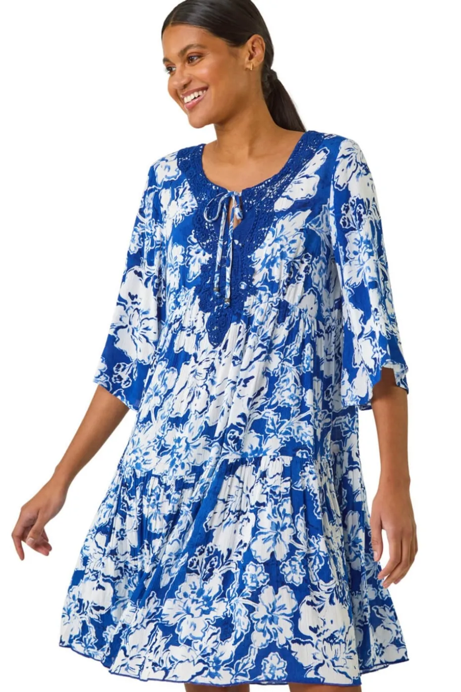 Roman Blue Shadow Floral Lace Smock Dress
