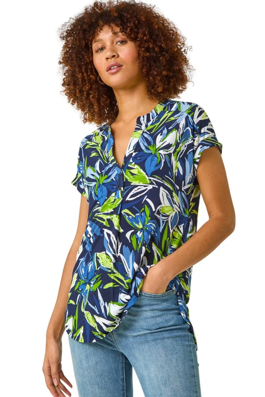 Roman Blue Textured Leaf Print V-Neck Stretch Top