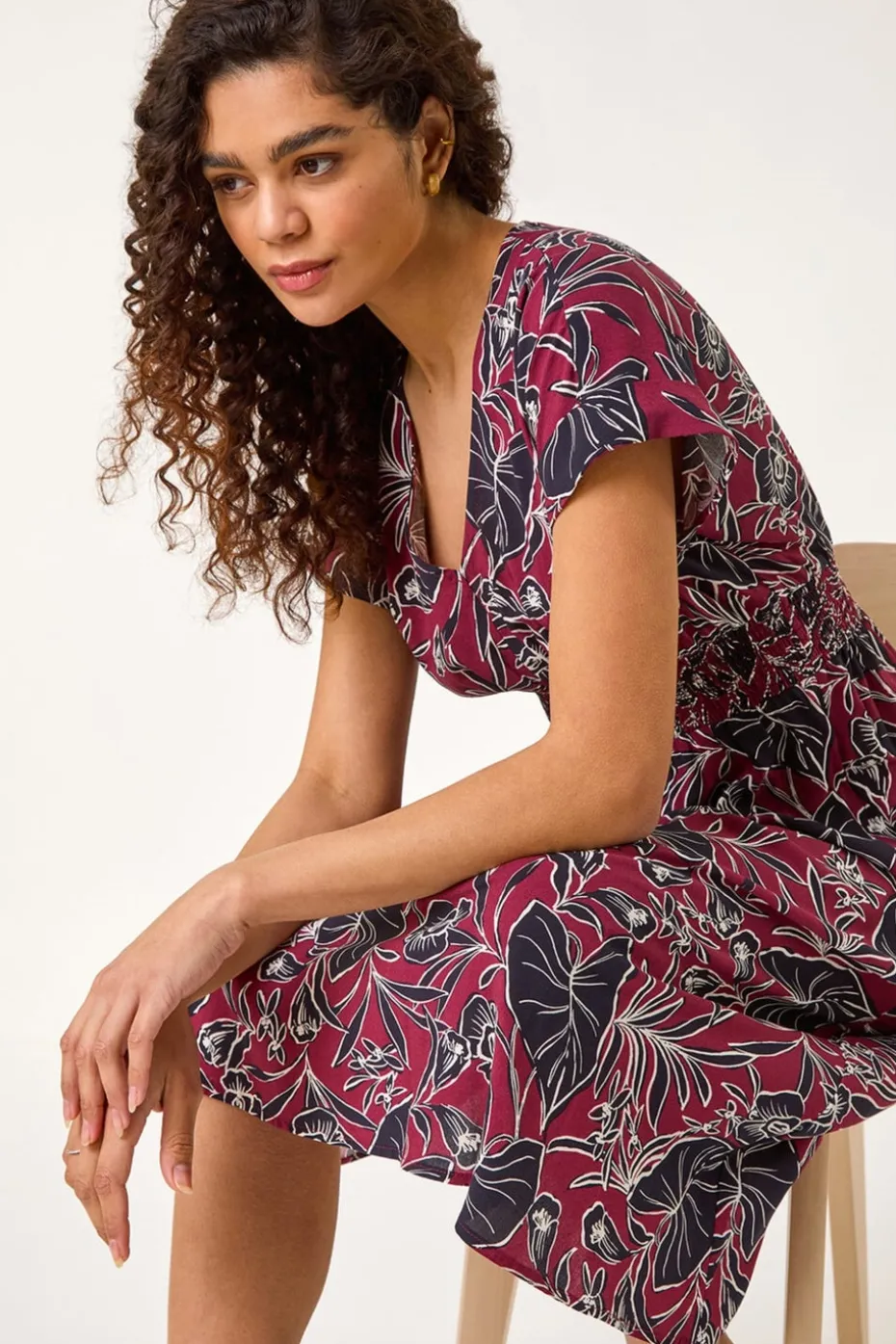 Roman Burgundy Abstract Leaf Print Shirred Midi Dress