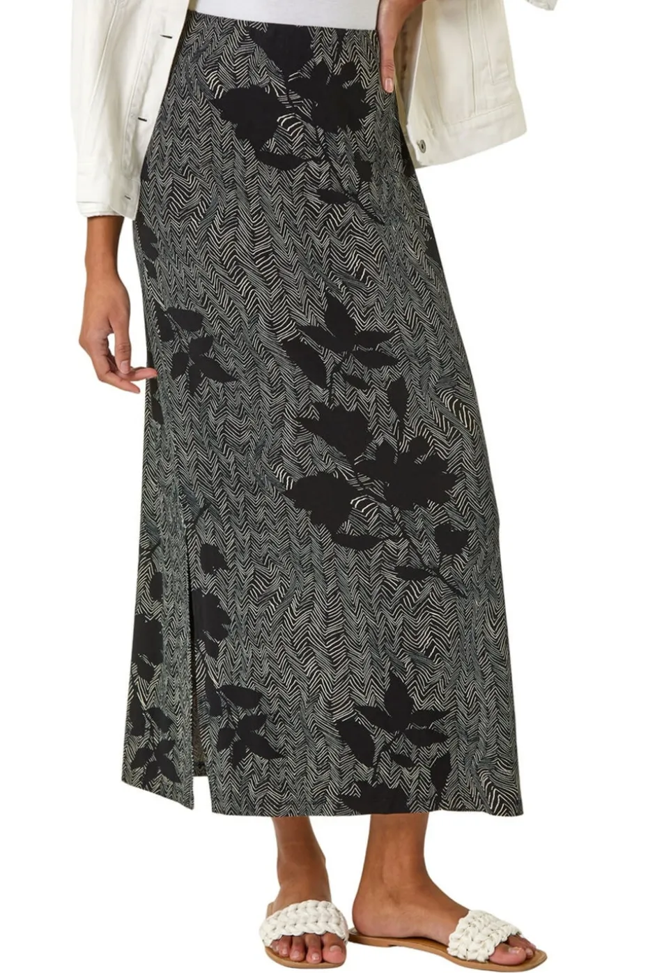Roman Charcoal Abstract Leaf Print Maxi Skirt