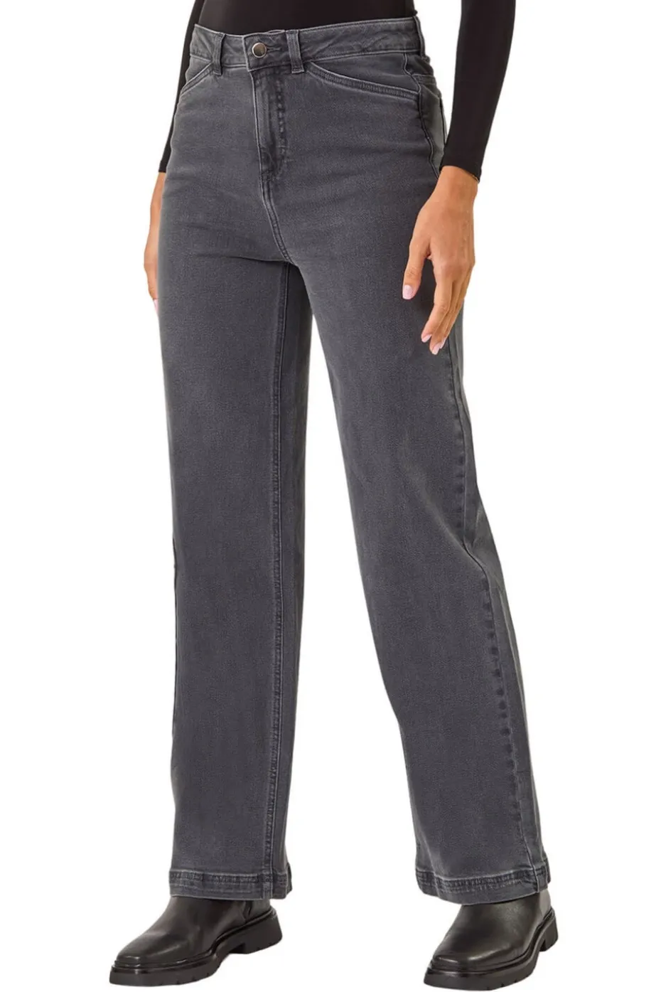 Roman Charcoal Cotton Blend Wide Leg Stretch Jeans