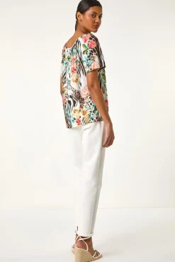 Roman Coral Animal Floral Notch Neck Top