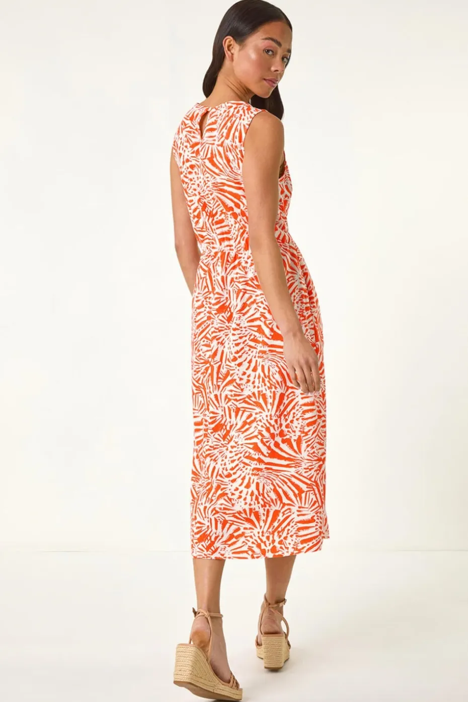 Roman Coral Petite Linen Mix Midi Dress