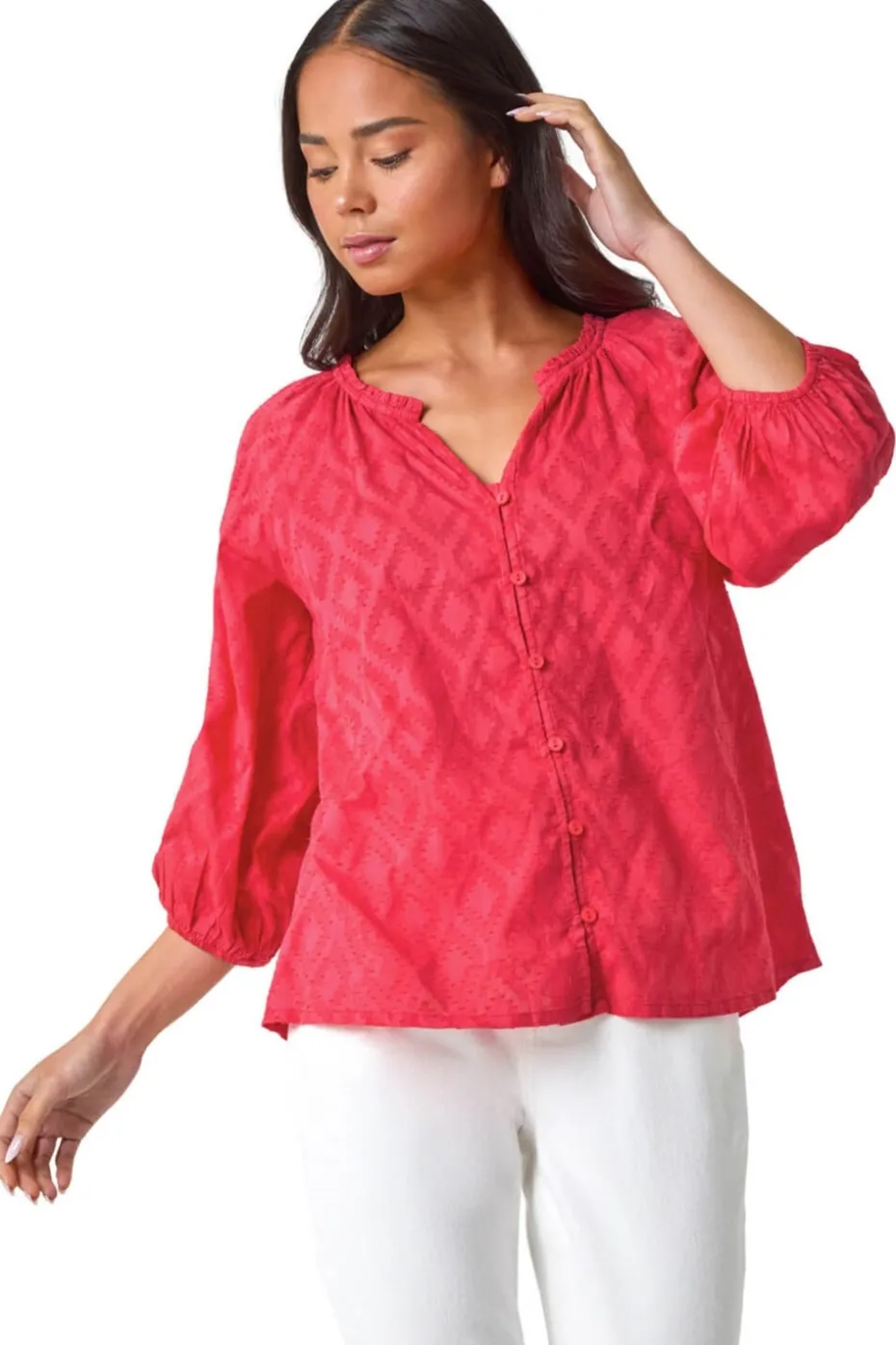 Roman Coral Petite Textured V-Neck Cotton Blouse