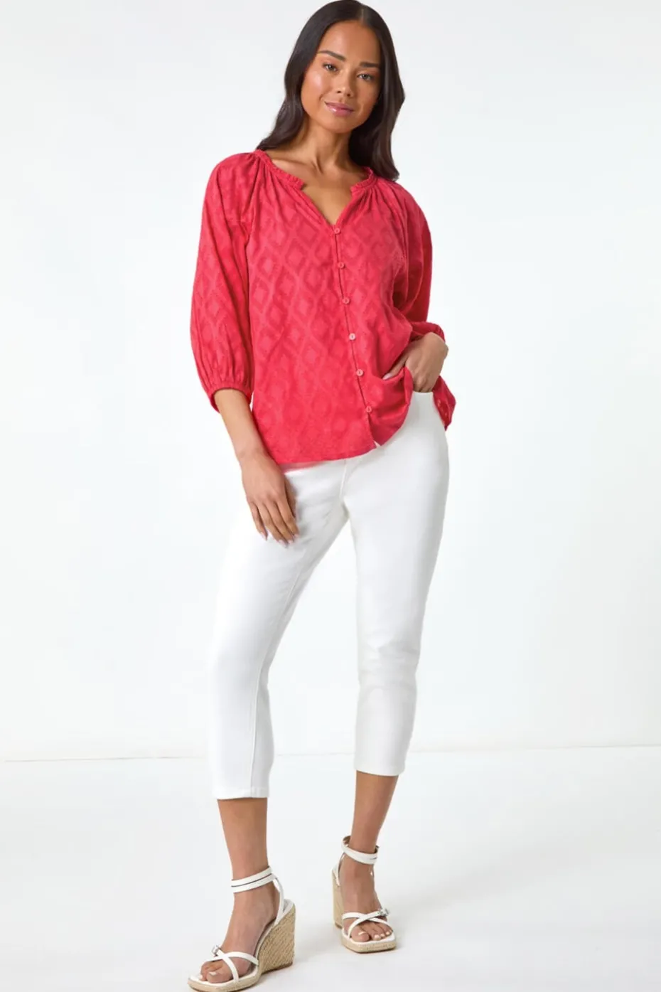 Roman Coral Petite Textured V-Neck Cotton Blouse