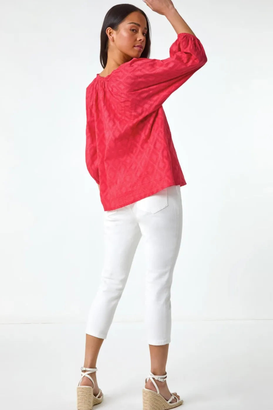 Roman Coral Petite Textured V-Neck Cotton Blouse