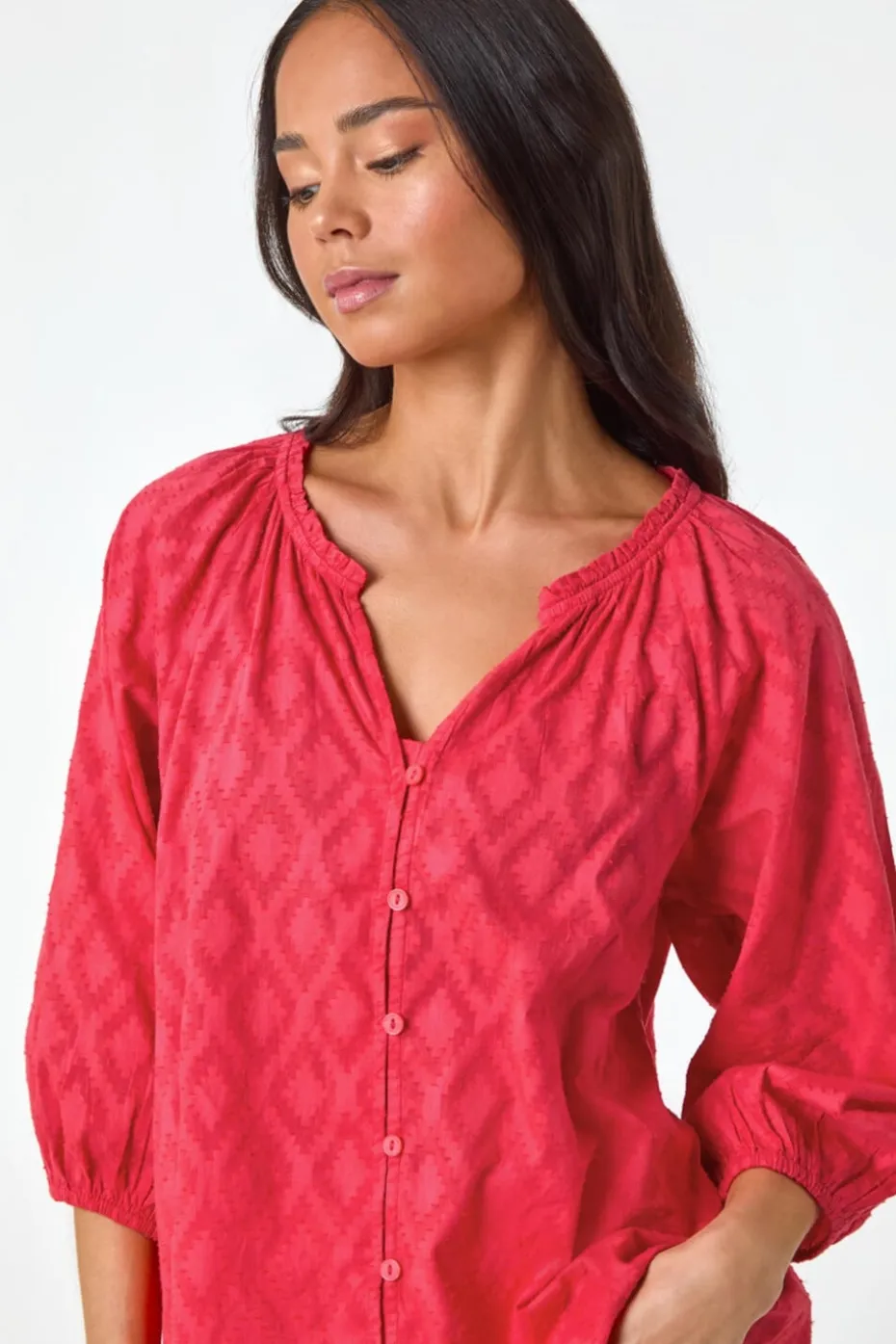 Roman Coral Petite Textured V-Neck Cotton Blouse