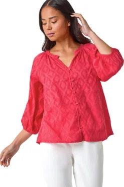 Roman Coral Petite Textured V-Neck Cotton Blouse