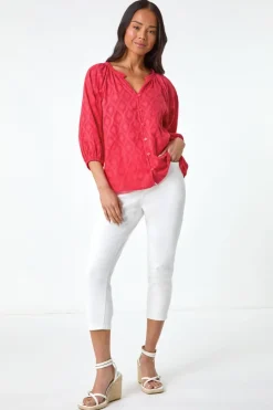 Roman Coral Petite Textured V-Neck Cotton Blouse