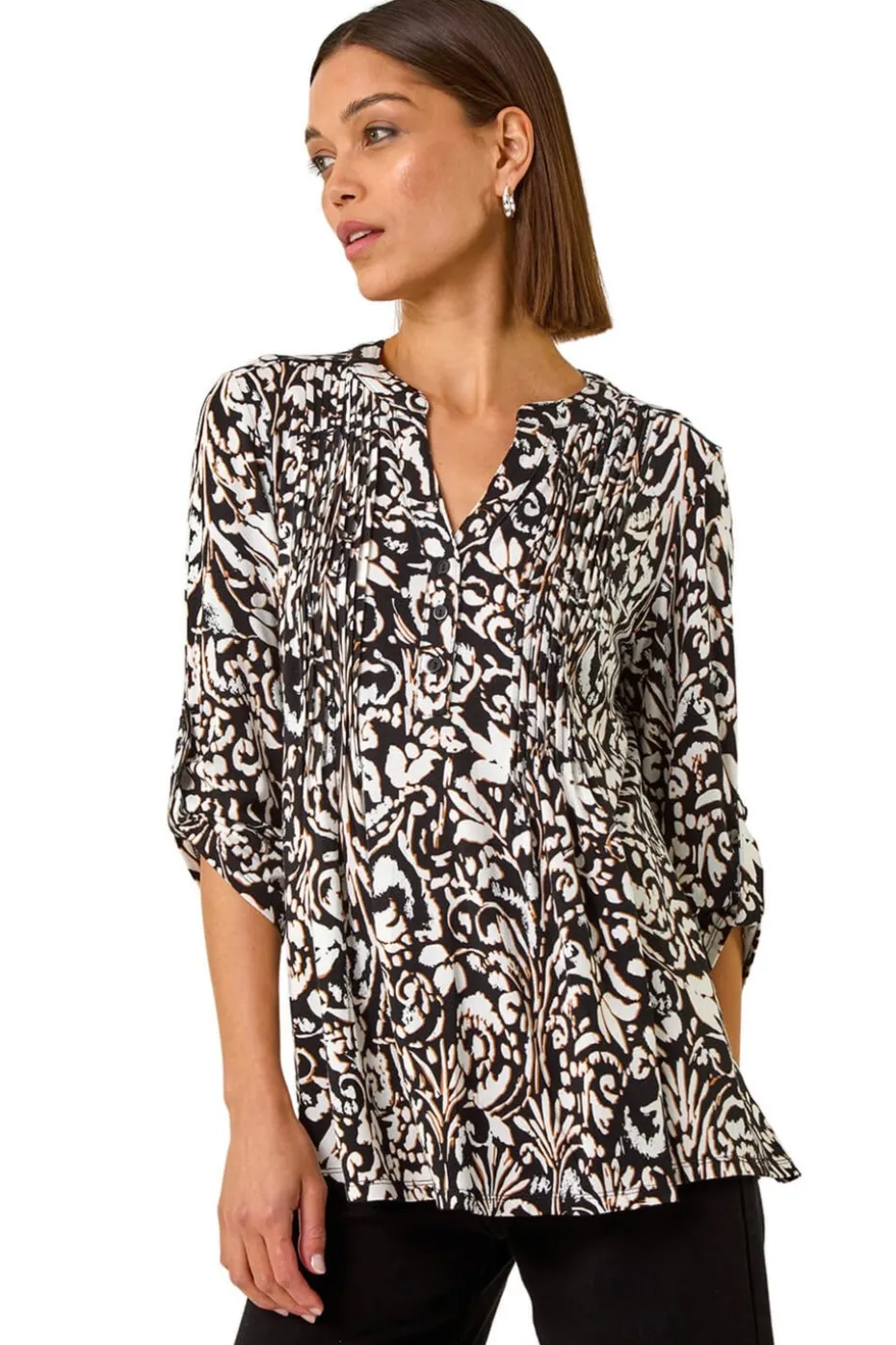 Roman Cream Print Pintuck Shirt
