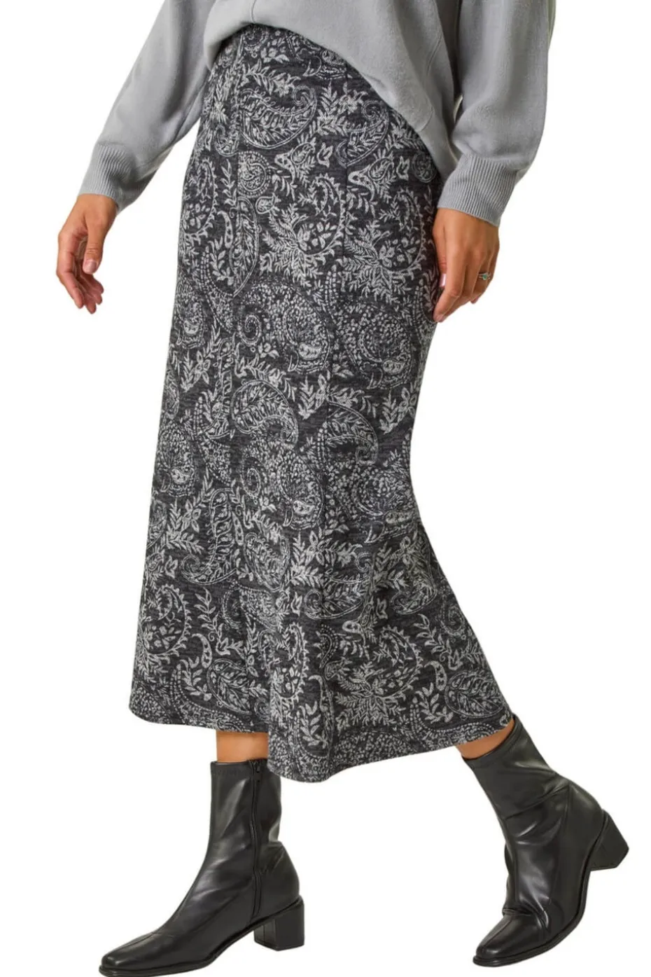 Roman Dark Grey Leaf Print Paneled Tulip Skirt