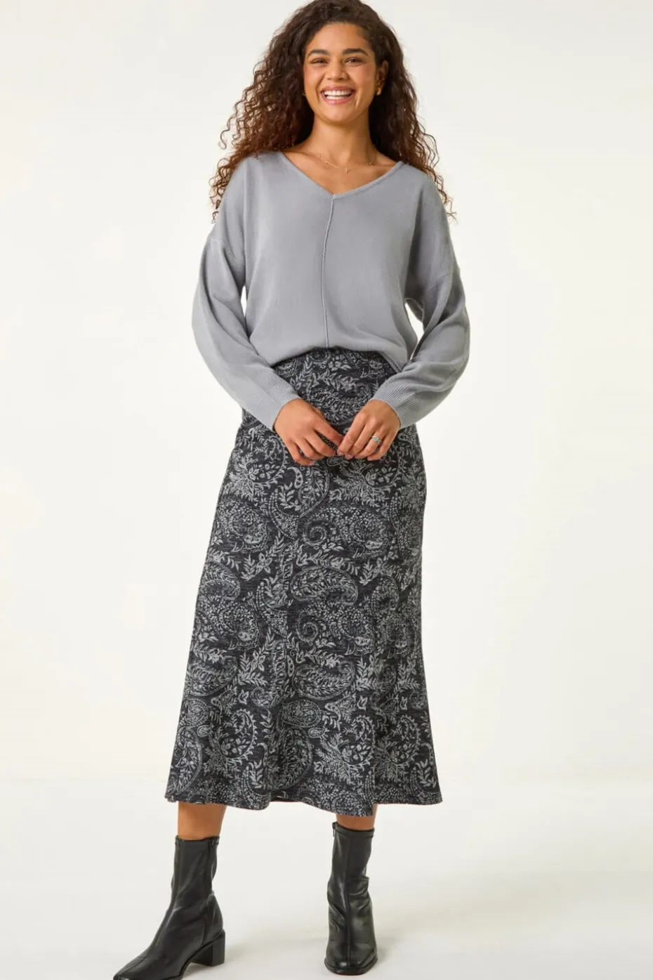 Roman Dark Grey Leaf Print Paneled Tulip Skirt