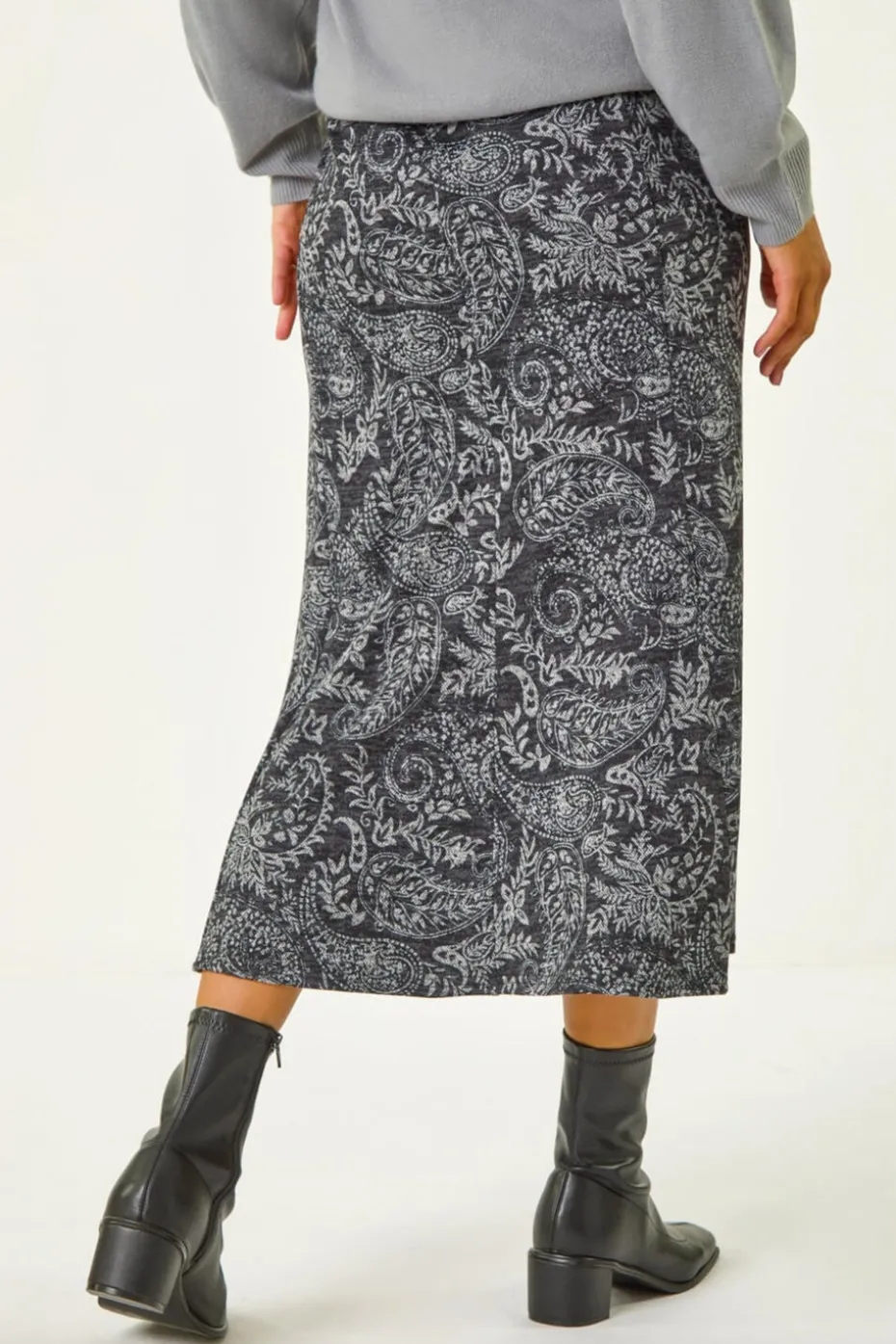 Roman Dark Grey Leaf Print Paneled Tulip Skirt