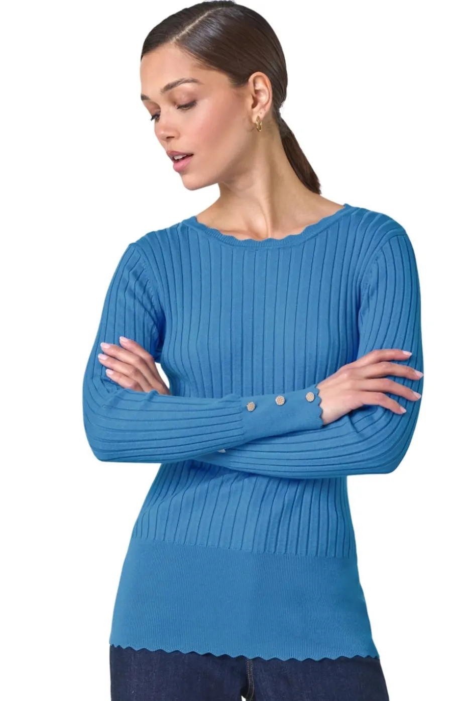 Roman Denim Button Detail Ribbed Longline Jumper