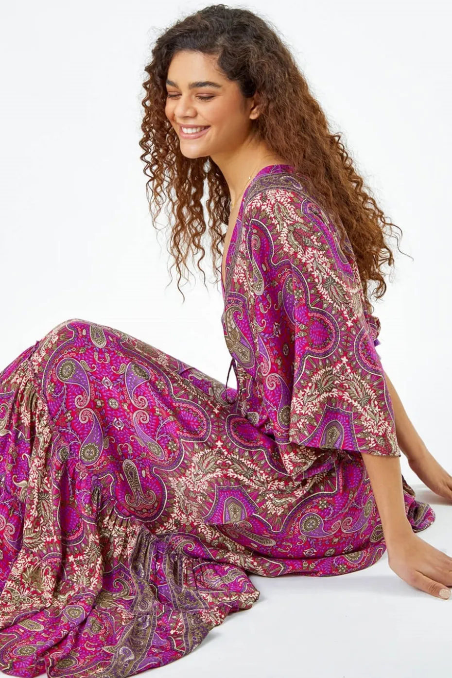 Roman Fuchsia Paisley Print Boho Maxi Dress