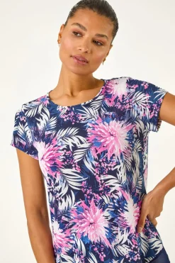 Roman Fuchsia Textured Floral Print Asymmetric Top