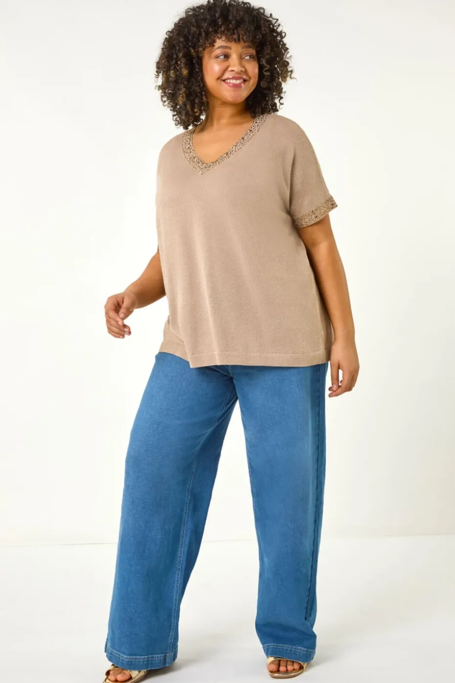 Roman Gold Curve Hotfix V-Neck Knit Top