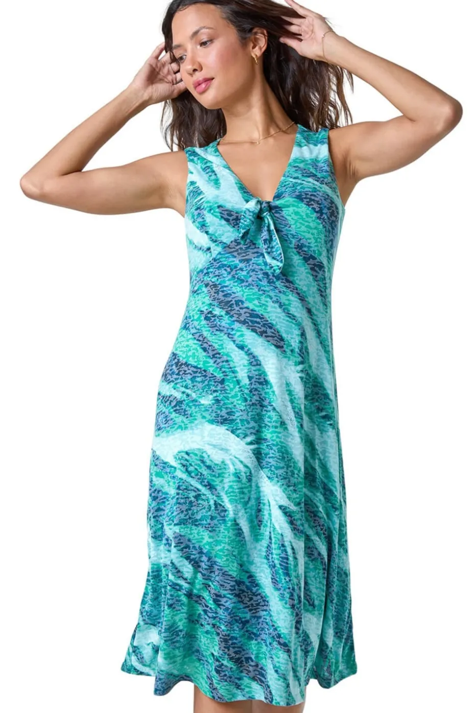 Roman Green Burnout Abstract Knot Front Stretch Dress