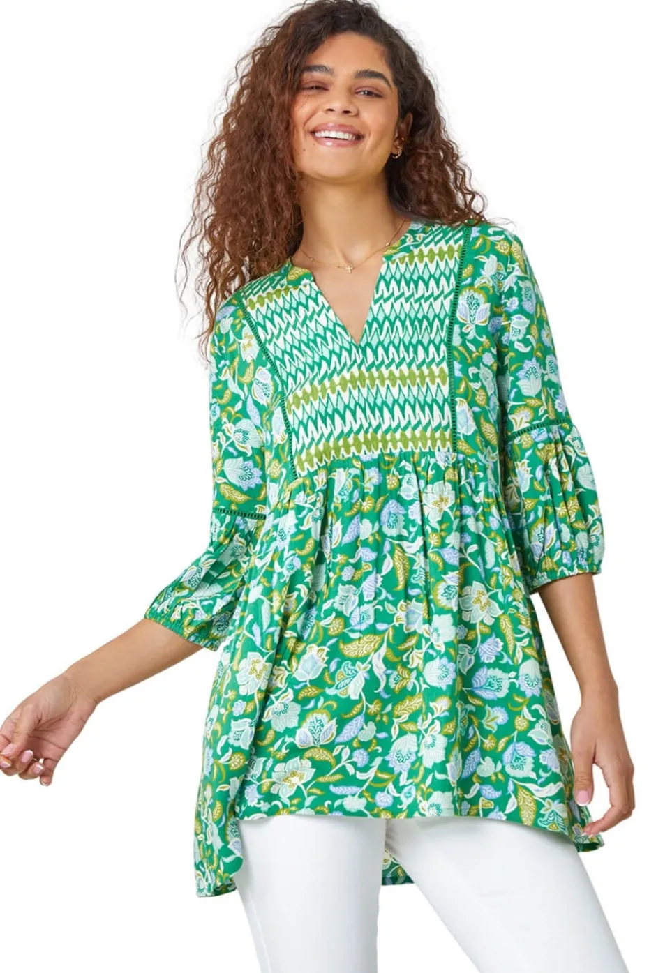 Roman Green Cotton Abstract Floral V-Neck Ladder Trim Top