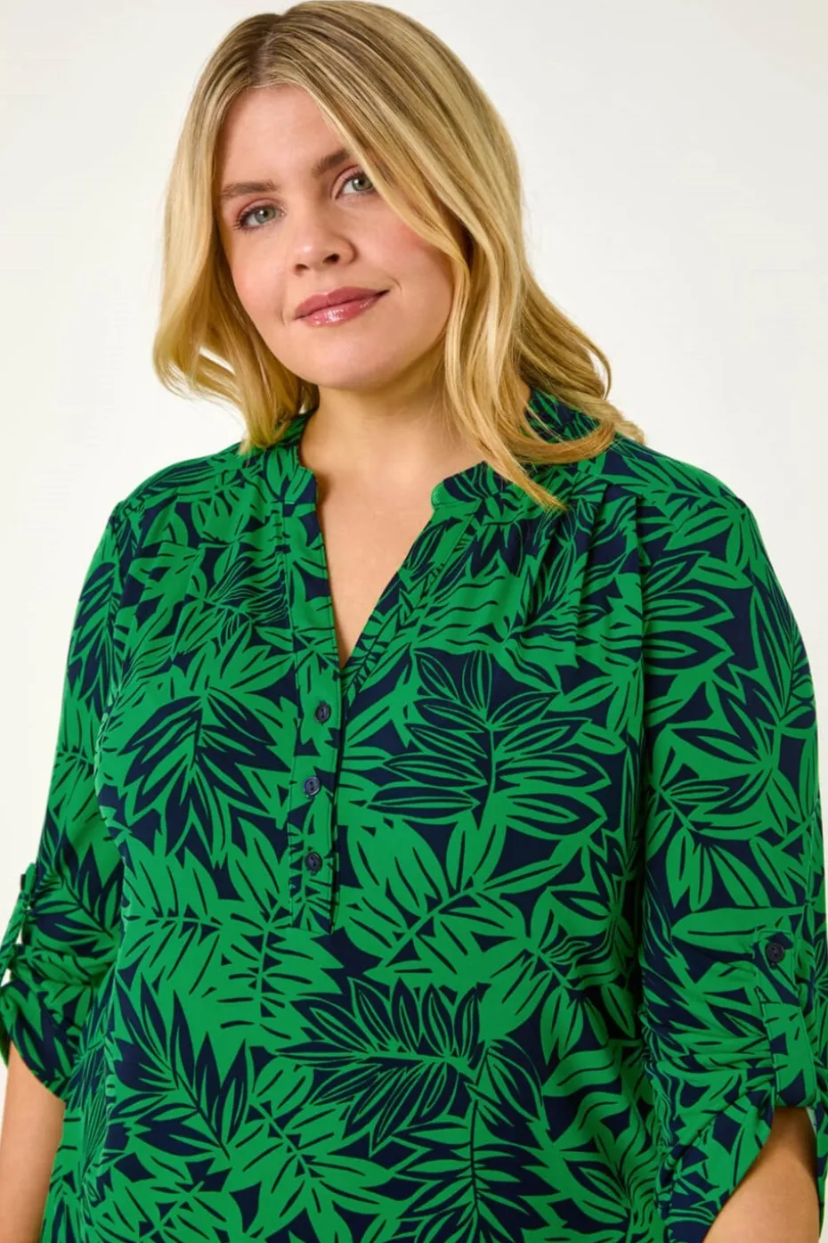 Roman Green Curve Leaf Print Button Stretch Shirt