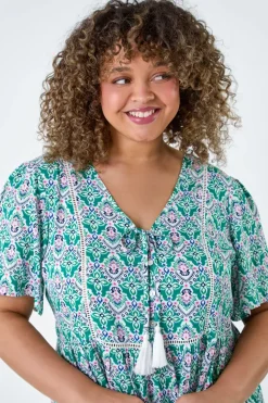 Roman Green Curve Tie Front Boho Printed Top