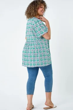 Roman Green Curve Tie Front Boho Printed Top