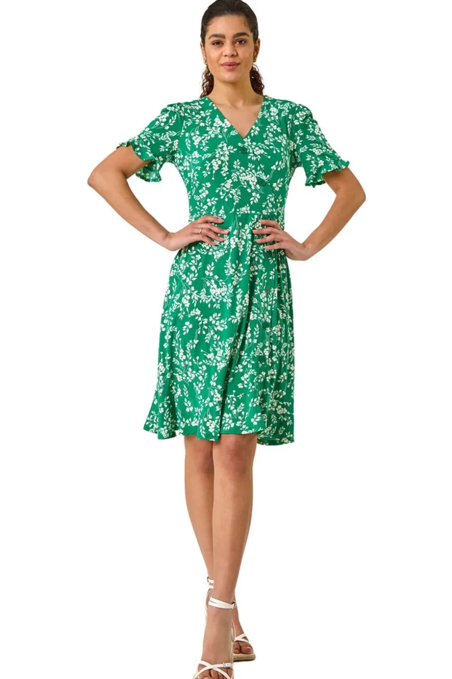 Roman Green Ditsy Floral Side Button Stretch Dress