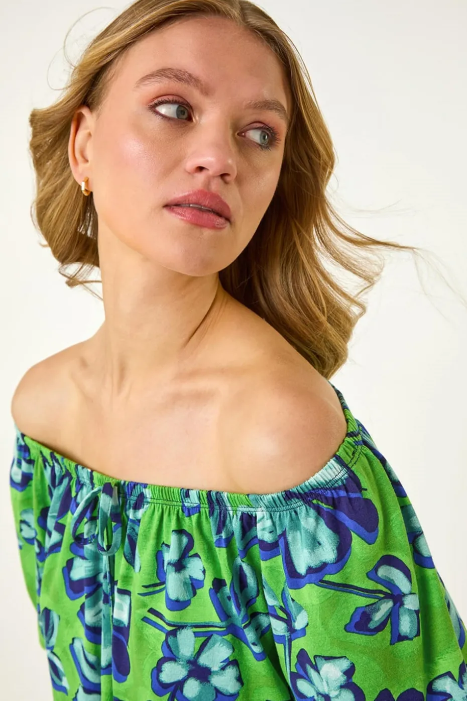 Roman Green Floral Print Bardot Stretch Top