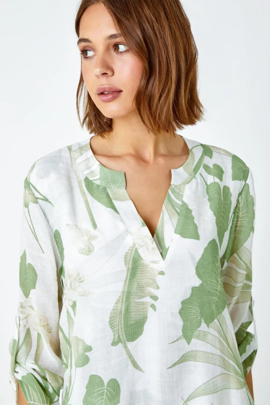 Roman Green Palm Print V-Neck Wrap Hem Tunic Top
