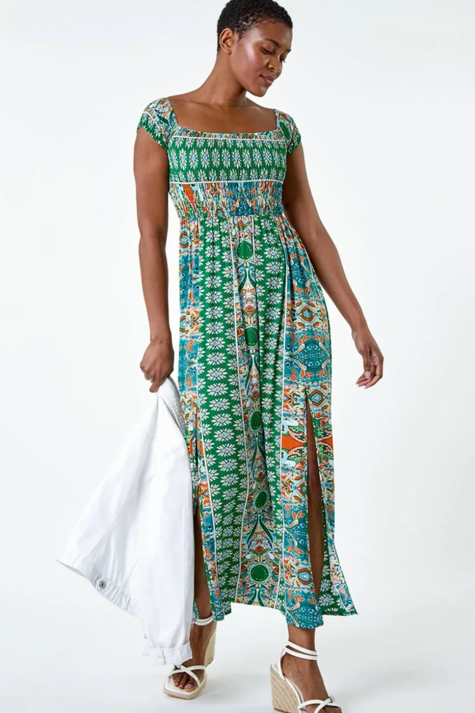Roman Green Patchwork Shirred Bardot Maxi Dress