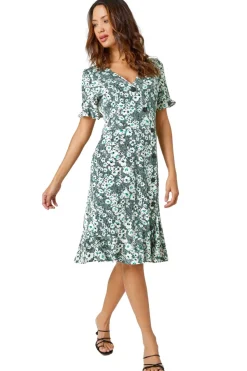 Roman Green Stretch Floral Print Button Tea Dress