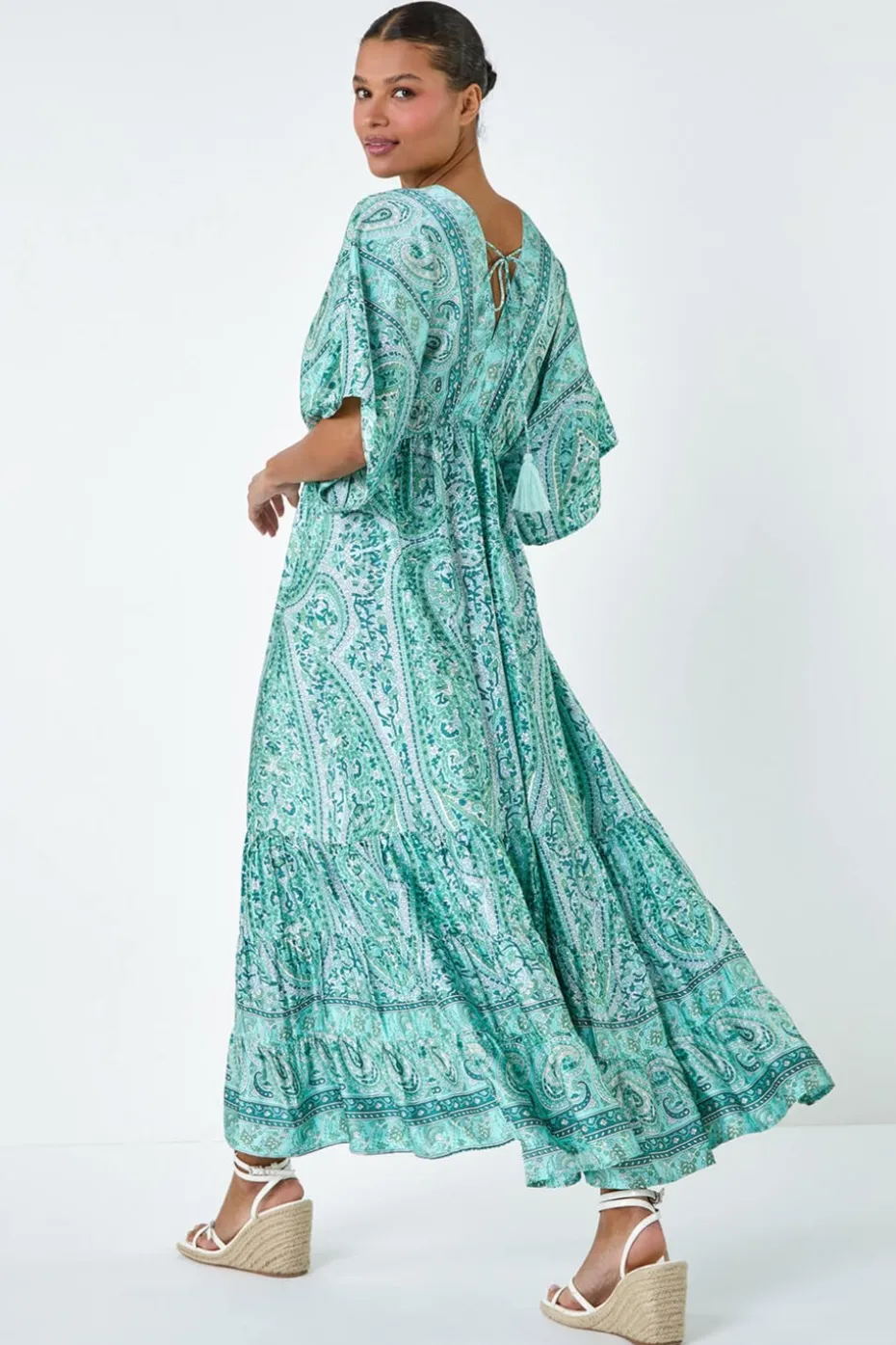 Roman Green Tie Back Tassel Detail Tiered Dress