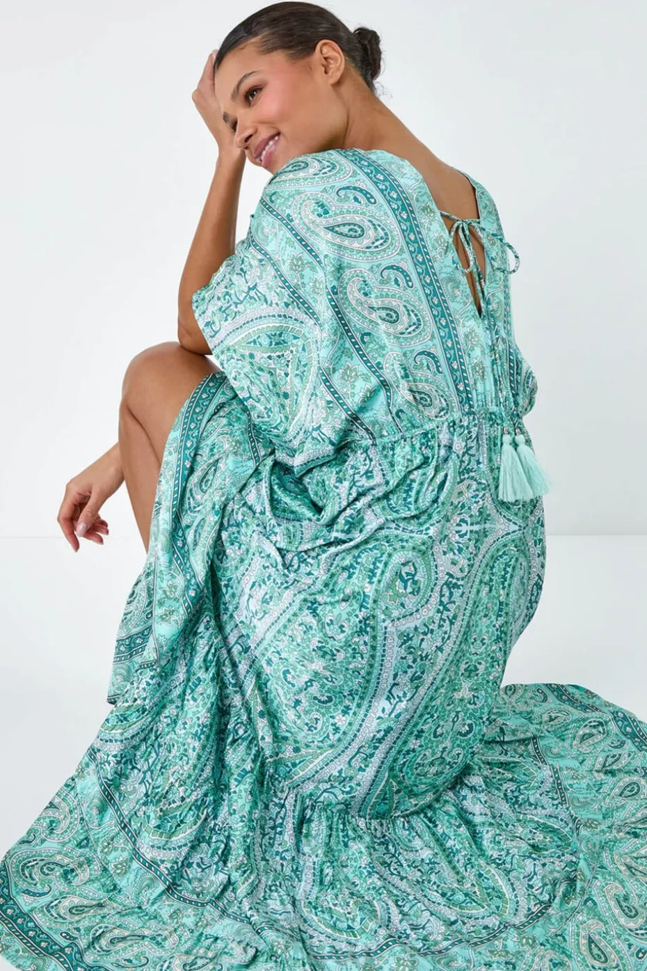 Roman Green Tie Back Tassel Detail Tiered Dress