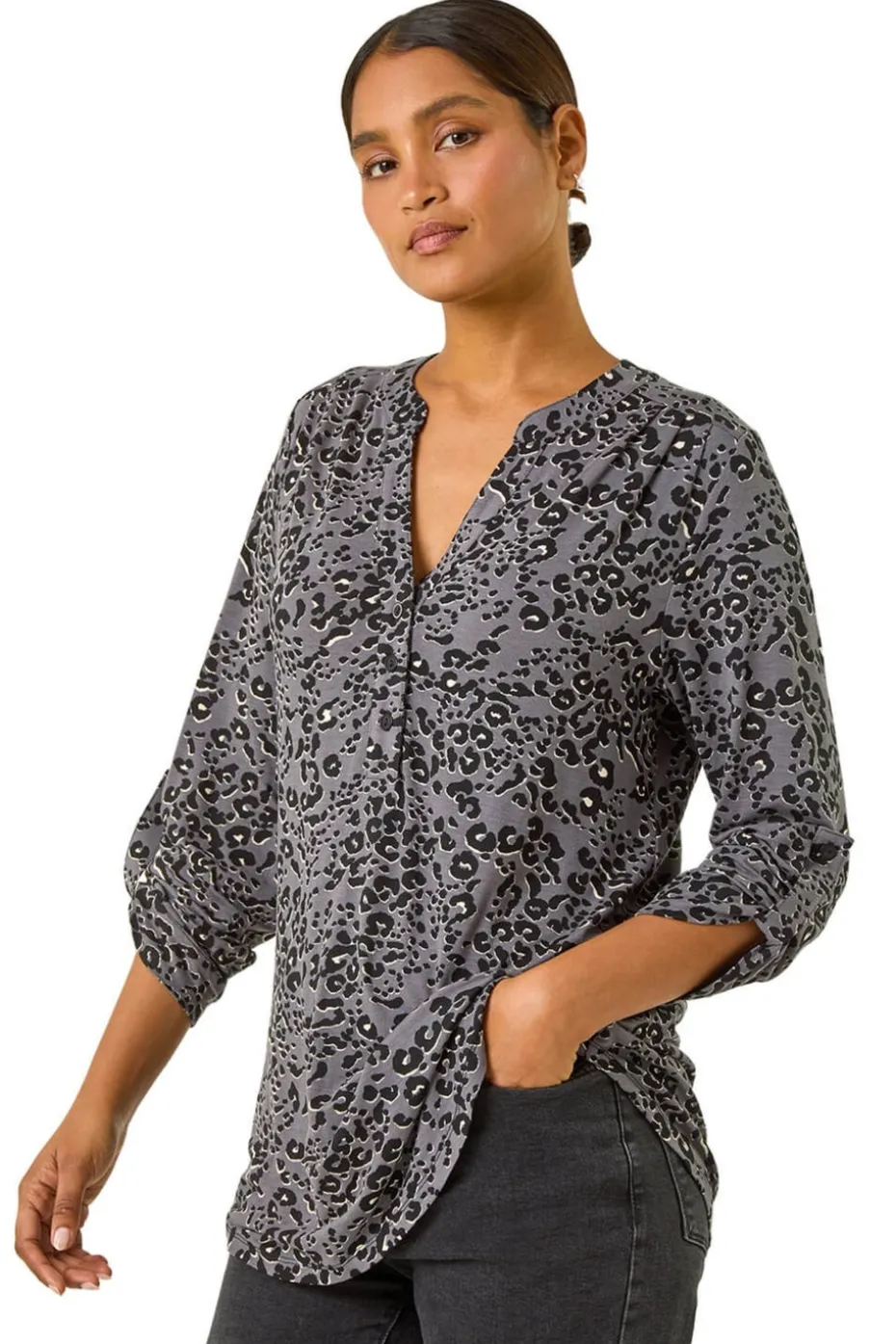 Roman Grey Animal Print Stretch Blouse