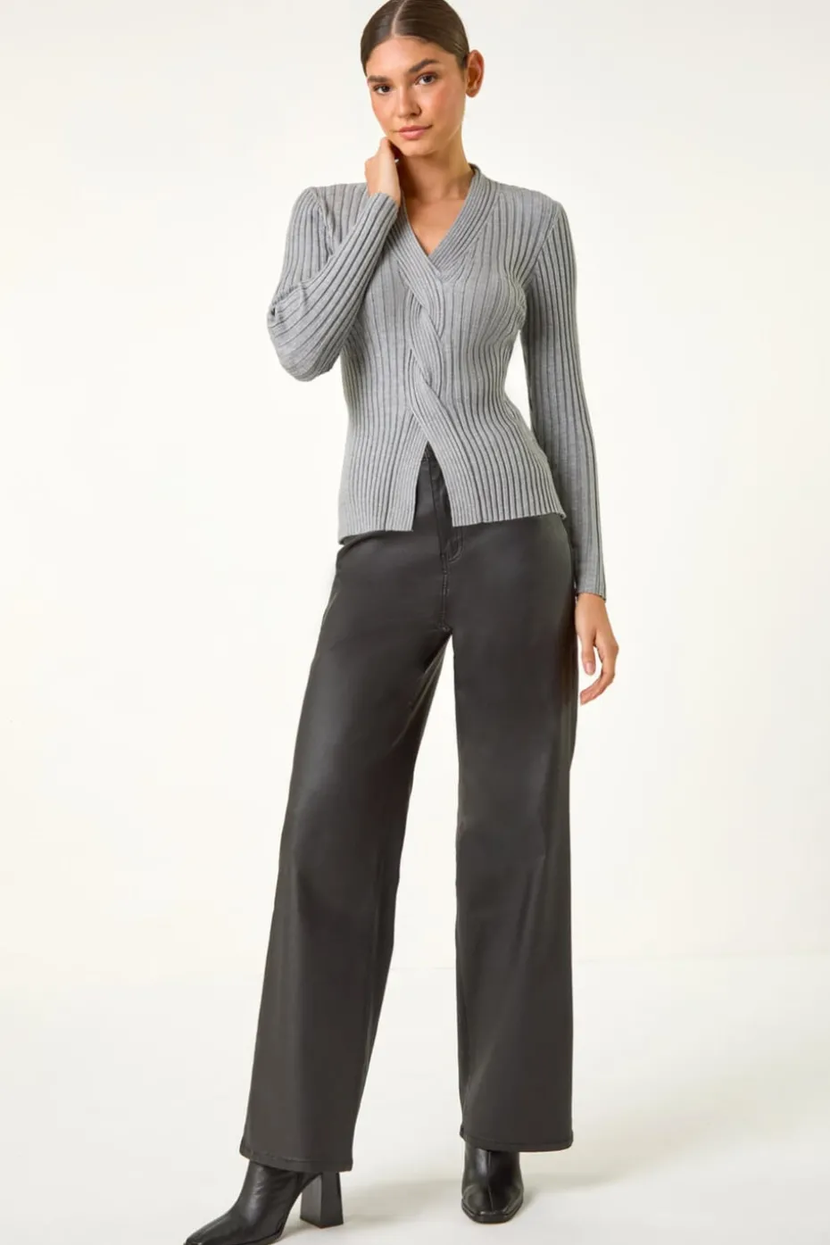 Roman Grey Cable Split Detail Rib Jumper