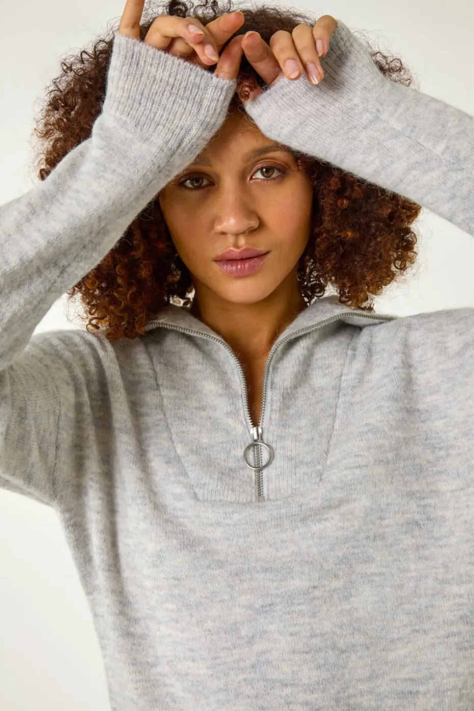 Roman Grey Collar Zip Neck Knit Jumper
