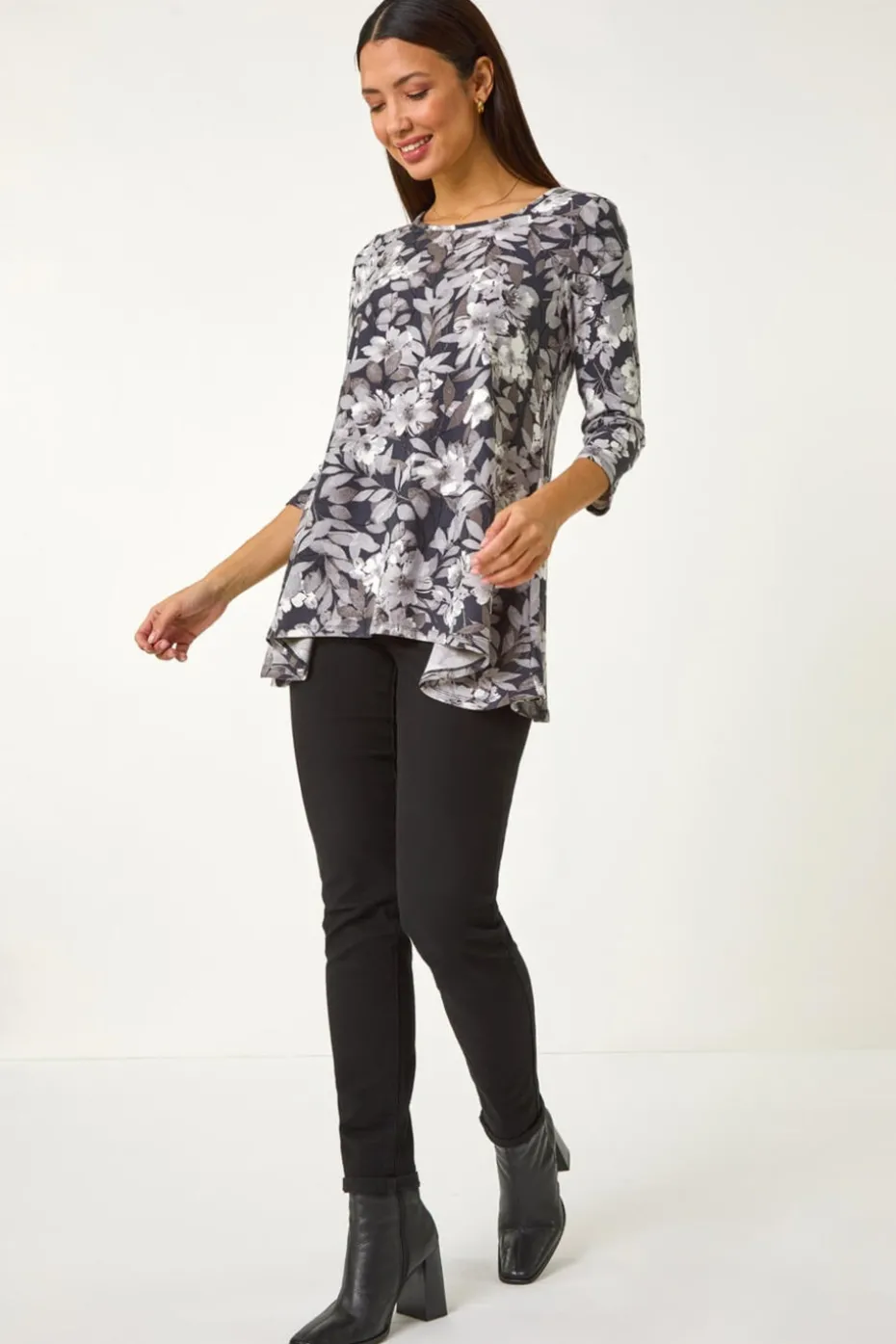 Roman Grey Floral Print Swing Top