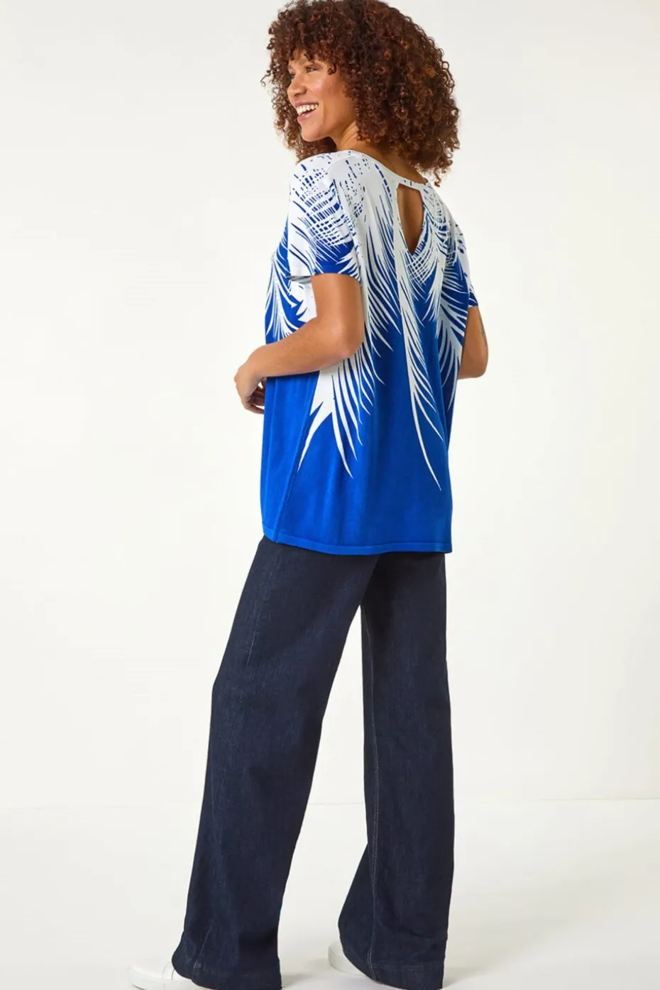 Roman Ink Blue Palm Leaf Print Crew Neck Tee