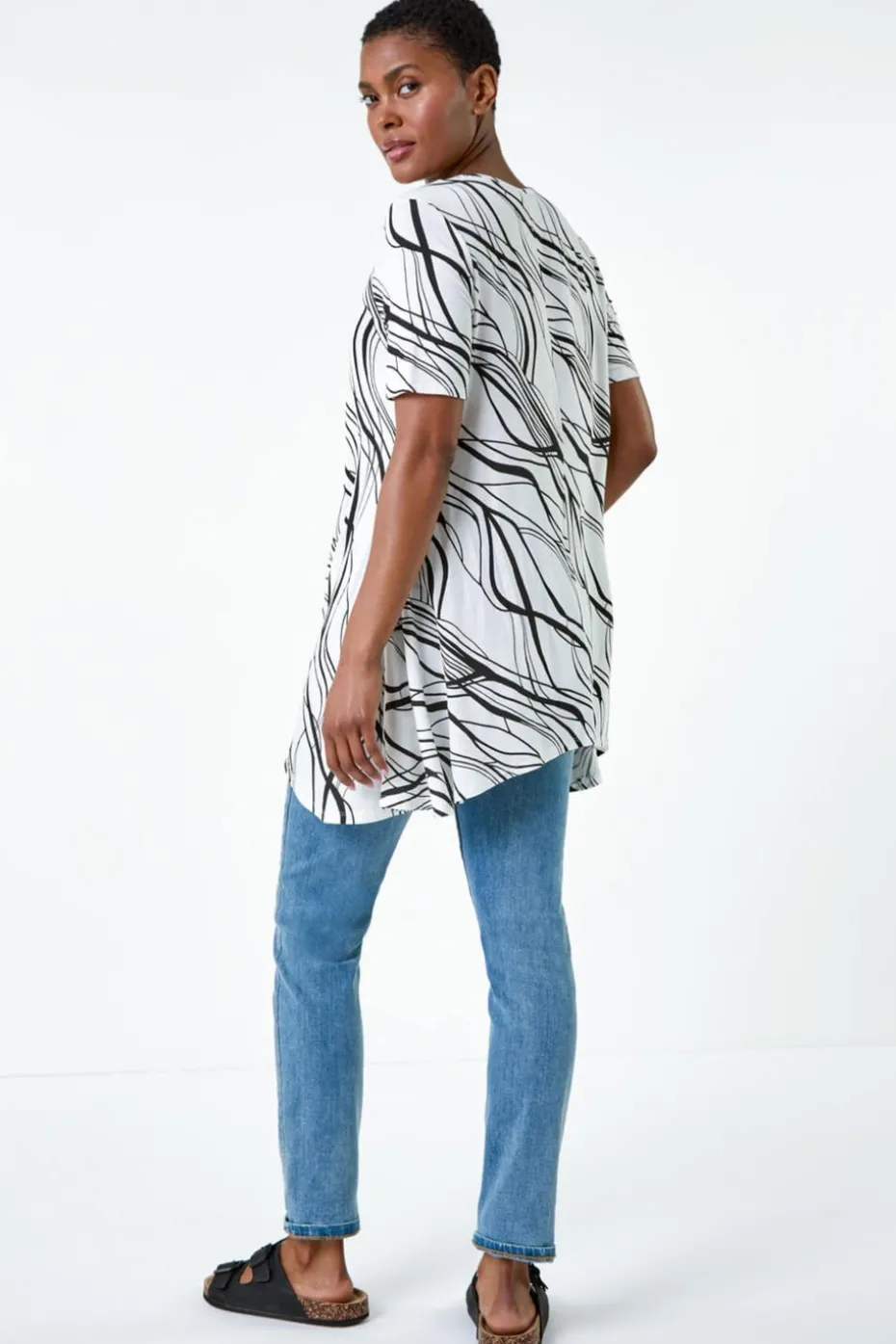 Roman Ivory Abstract Hanky Hem Stretch Tunic Top