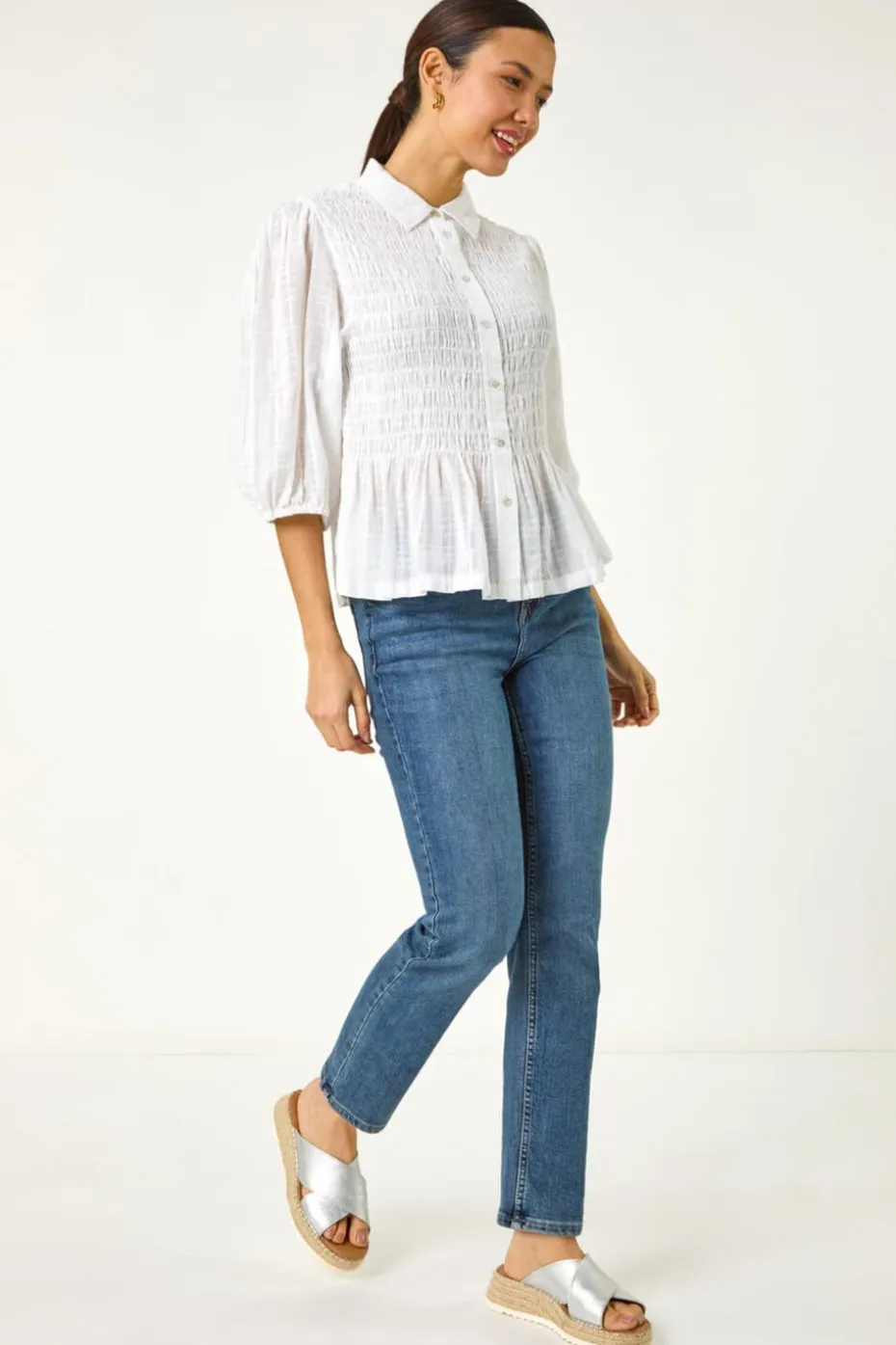 Roman Ivory Collar Shirred Button Blouse