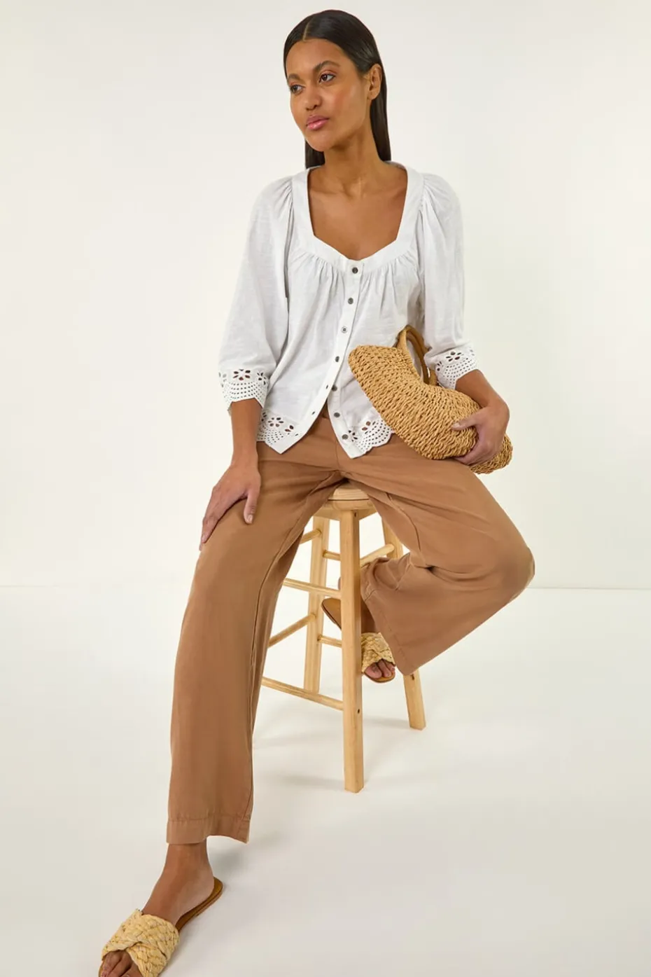 Roman Ivory Cotton Broderie Hem Blouse