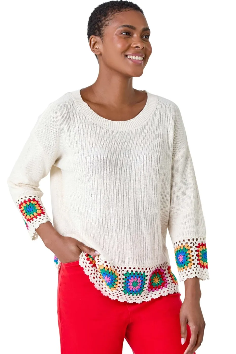Roman Ivory Floral Crochet Hem Cotton Jumper