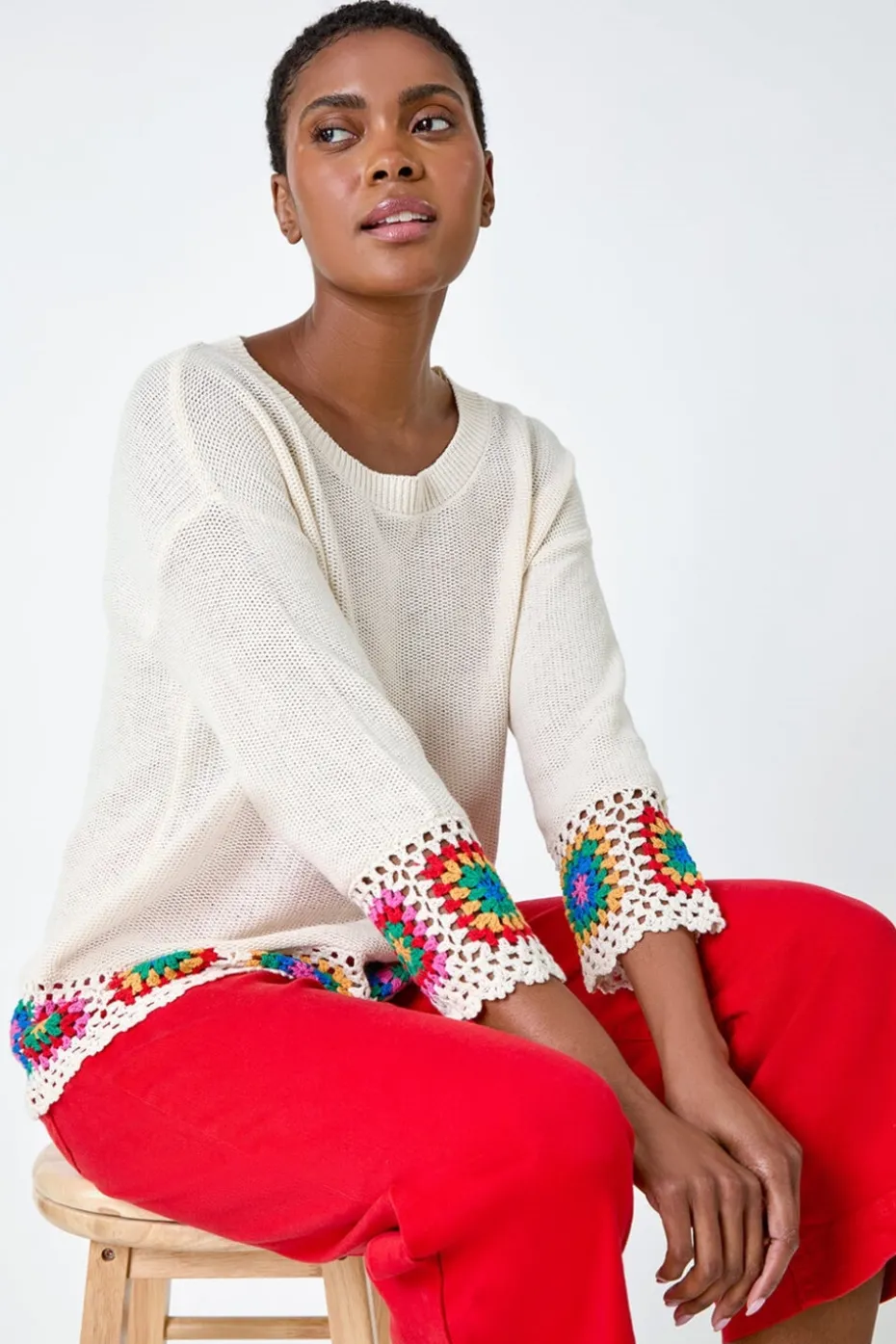 Roman Ivory Floral Crochet Hem Cotton Jumper